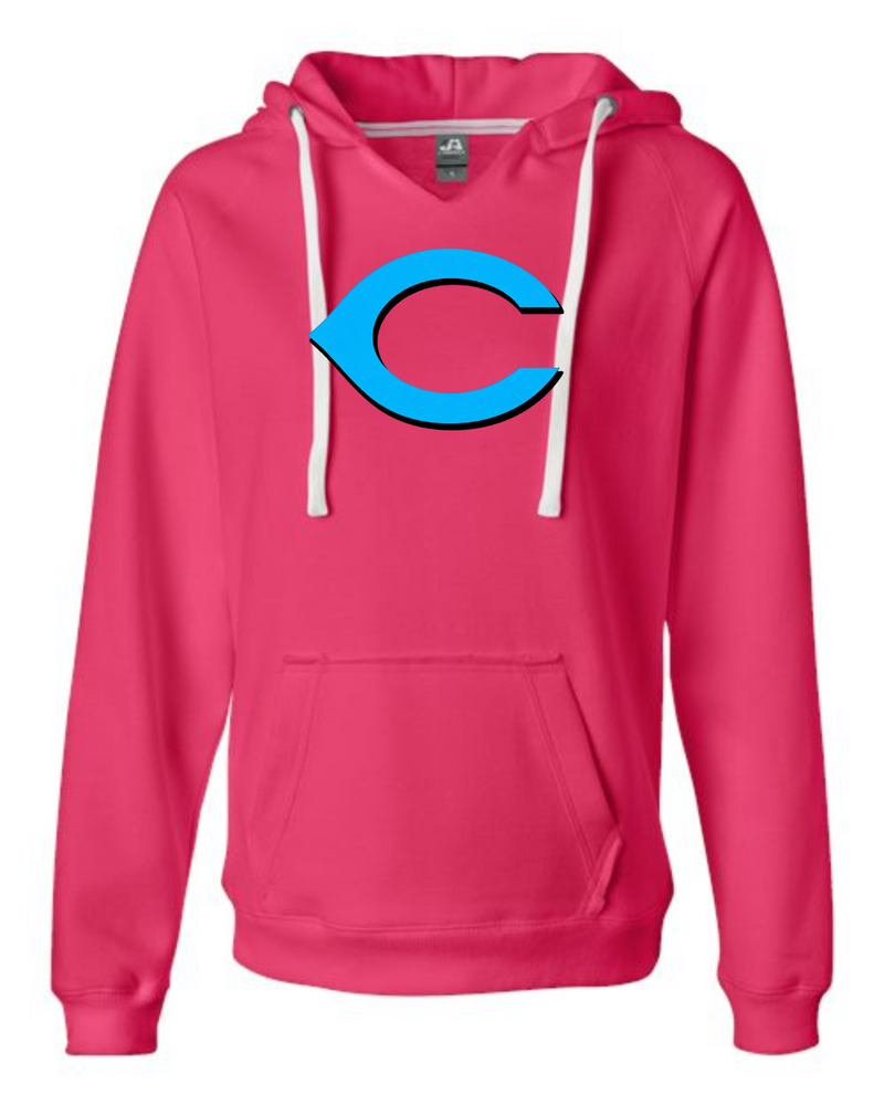 Chesire Reds J. America 8836 Women's Sueded V-Neck Hooded Sweatshirt (Wildberry)