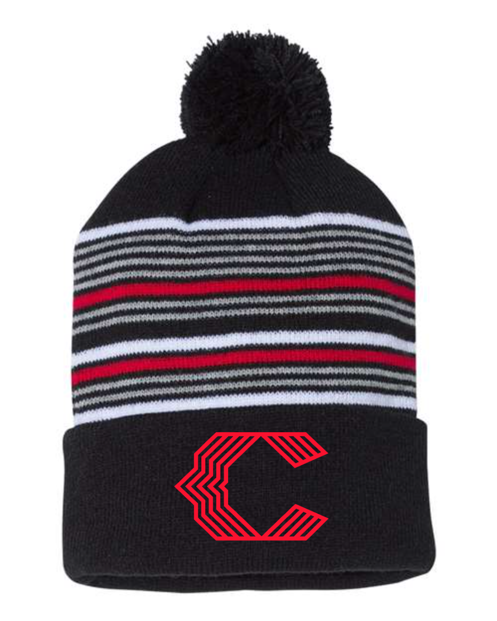 Chesire Reds Sportsman Sportsman 12" Striped Pom-Pom Cuffed Beanie (Black/ White/ Grey/ Red)