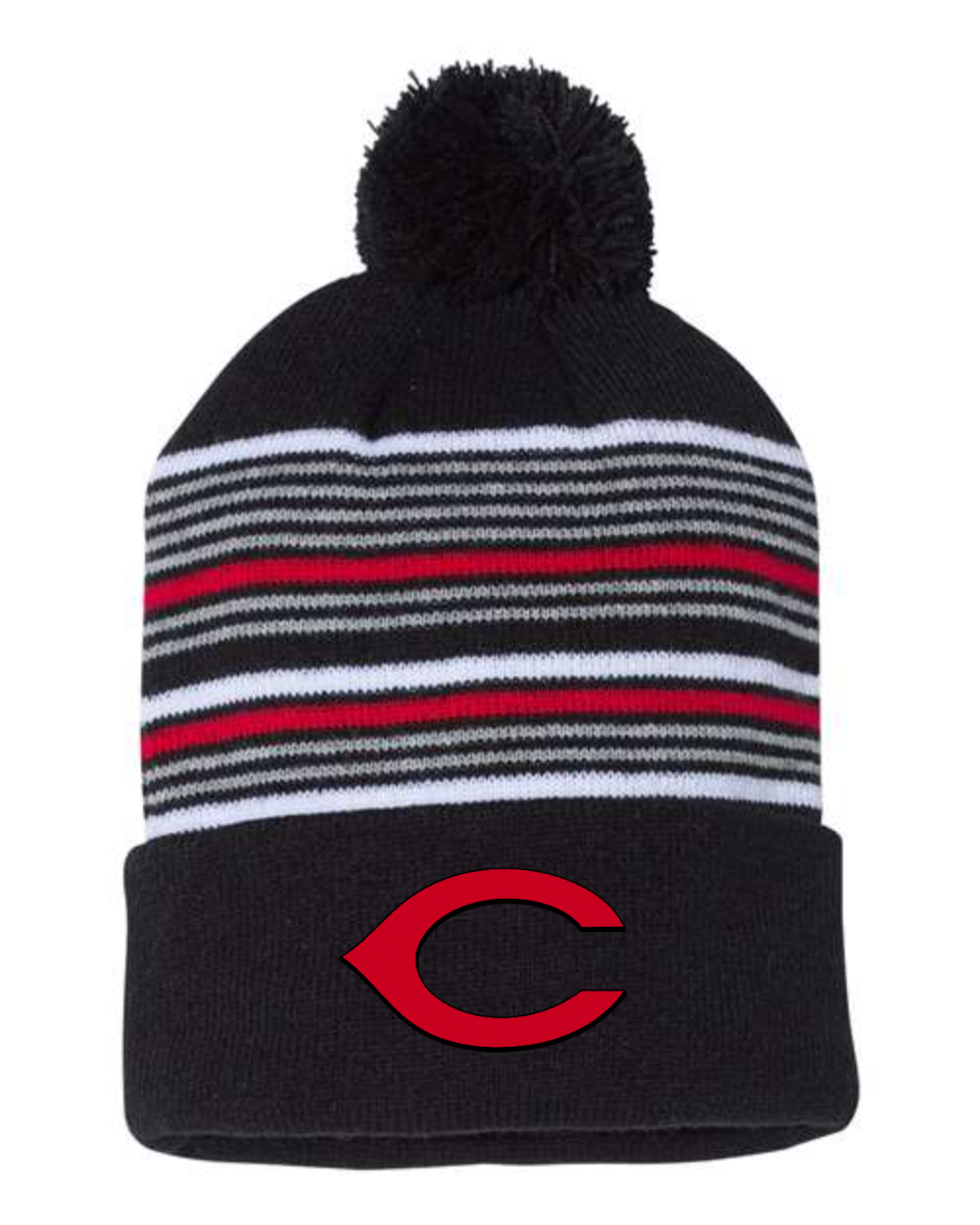 Chesire Reds Sportsman Sportsman 12" Striped Pom-Pom Cuffed Beanie (Black/ White/ Grey/ Red)