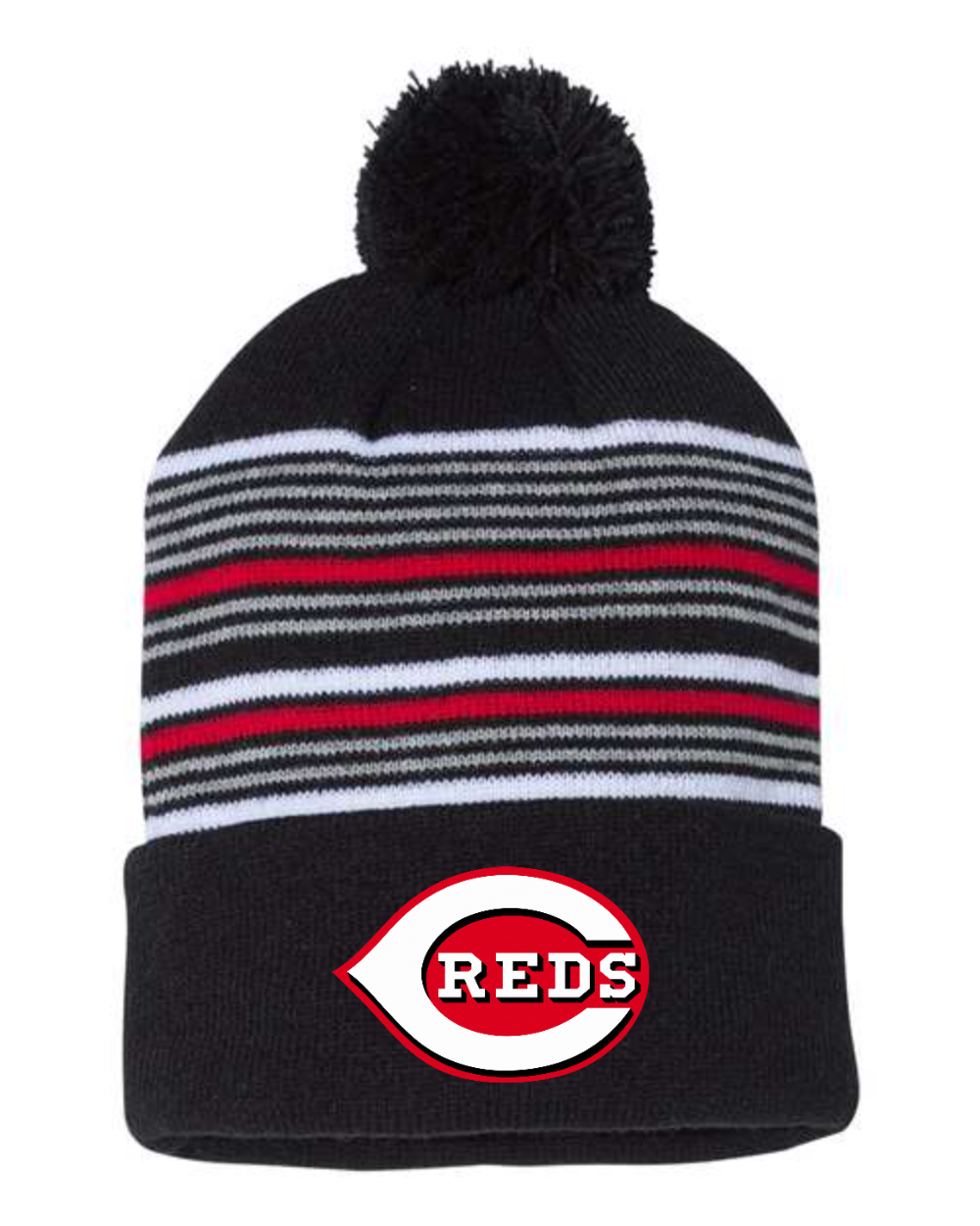 Chesire Reds Sportsman Sportsman 12" Striped Pom-Pom Cuffed Beanie (Black/ White/ Grey/ Red)