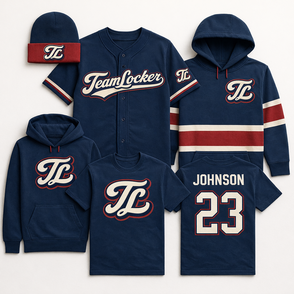 Team Locker apparel collection featuring jerseys, hoodies, t-shirts, and hats
